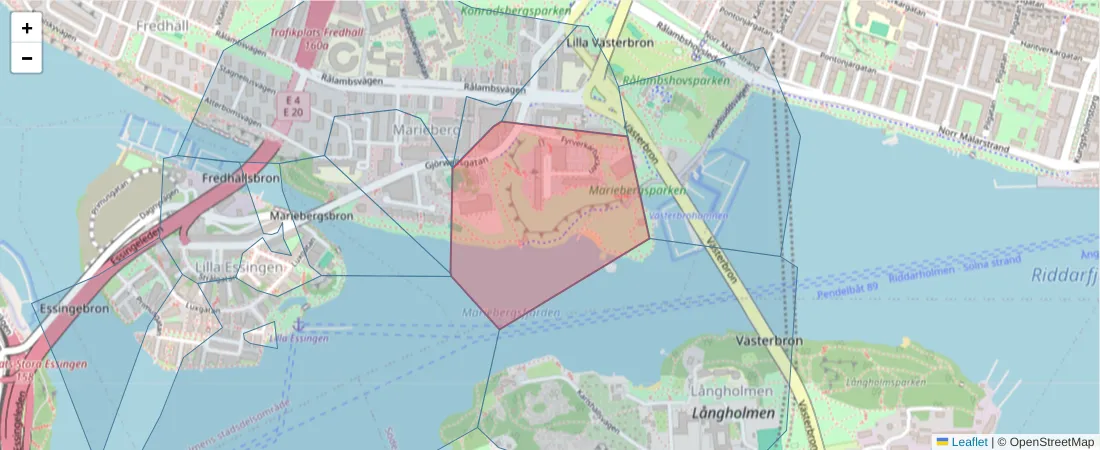Karta över postnummerområdet  och angränsande postnummer i Sverige