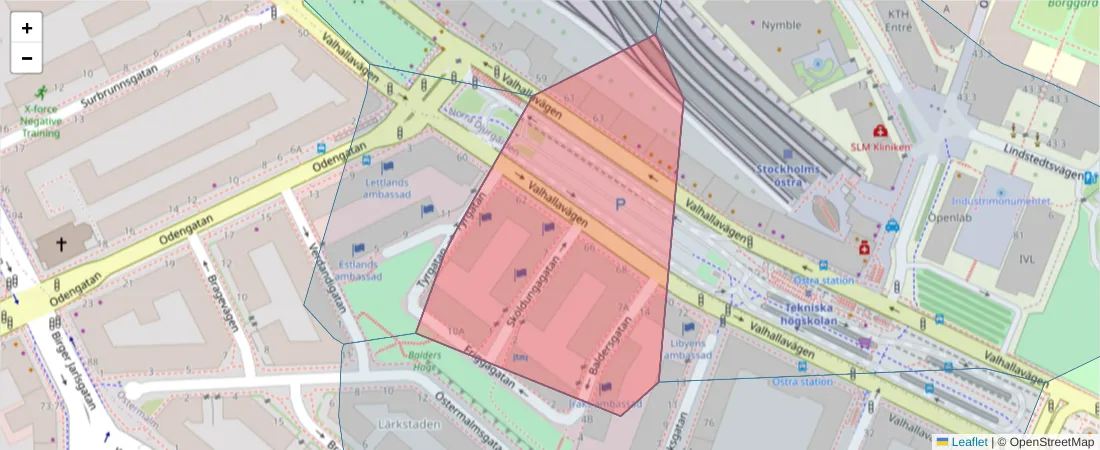 Karta över postnummerområdet  och angränsande postnummer i Sverige