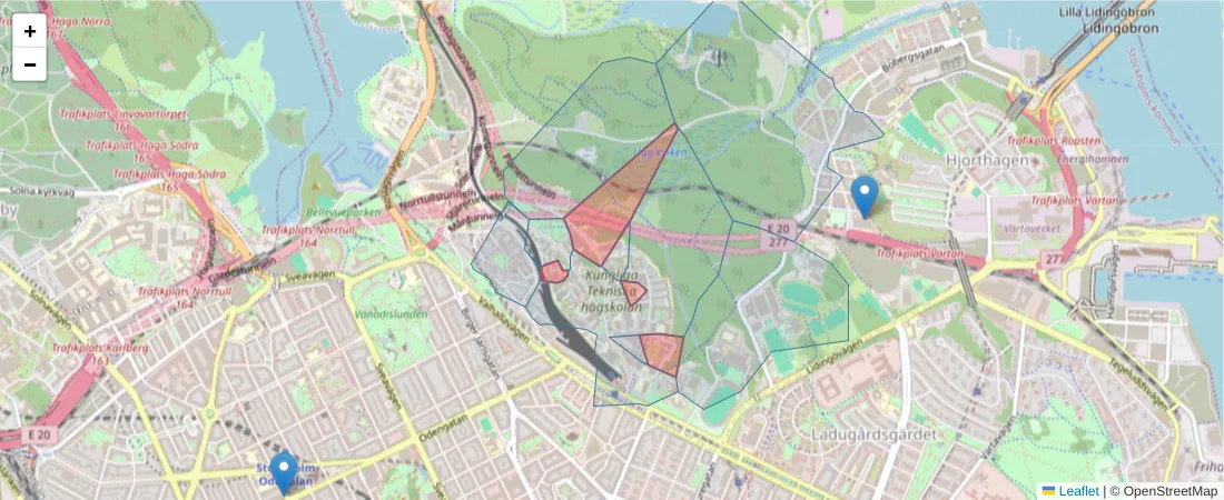 Karta över postnummerområdet  och angränsande postnummer i Sverige