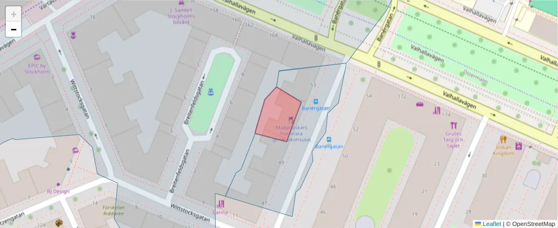 Karta över postnummerområdet  och angränsande postnummer i Sverige