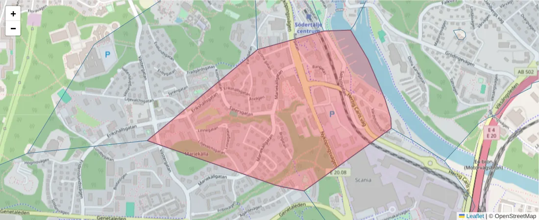 Karta över postnummerområdet  och angränsande postnummer i Sverige