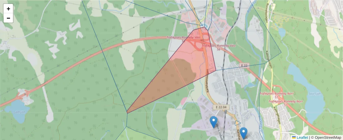 Karta över postnummerområdet  och angränsande postnummer i Sverige