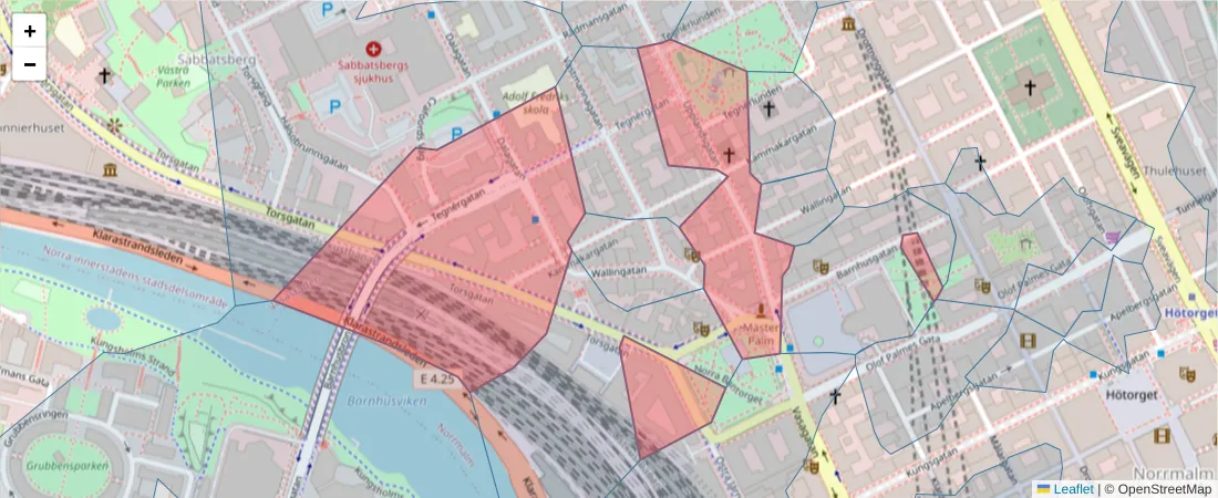 Karta över postnummerområdet  och angränsande postnummer i Sverige