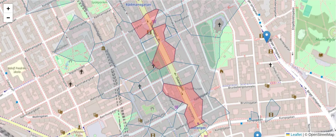 Karta över postnummerområdet  och angränsande postnummer i Sverige