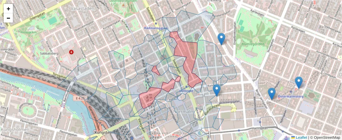 Karta över postnummerområdet  och angränsande postnummer i Sverige