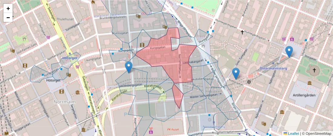 Karta över postnummerområdet  och angränsande postnummer i Sverige