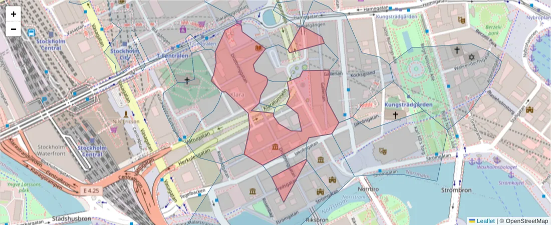 Karta över postnummerområdet  och angränsande postnummer i Sverige