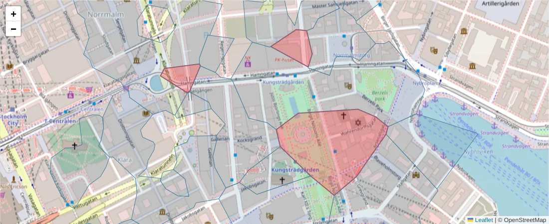Karta över postnummerområdet  och angränsande postnummer i Sverige