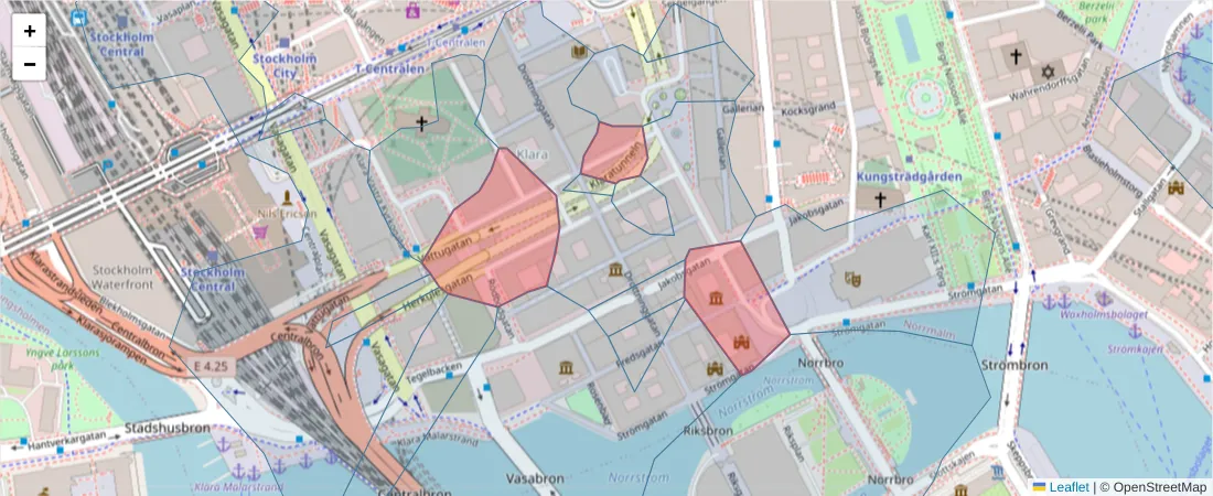 Karta över postnummerområdet  och angränsande postnummer i Sverige