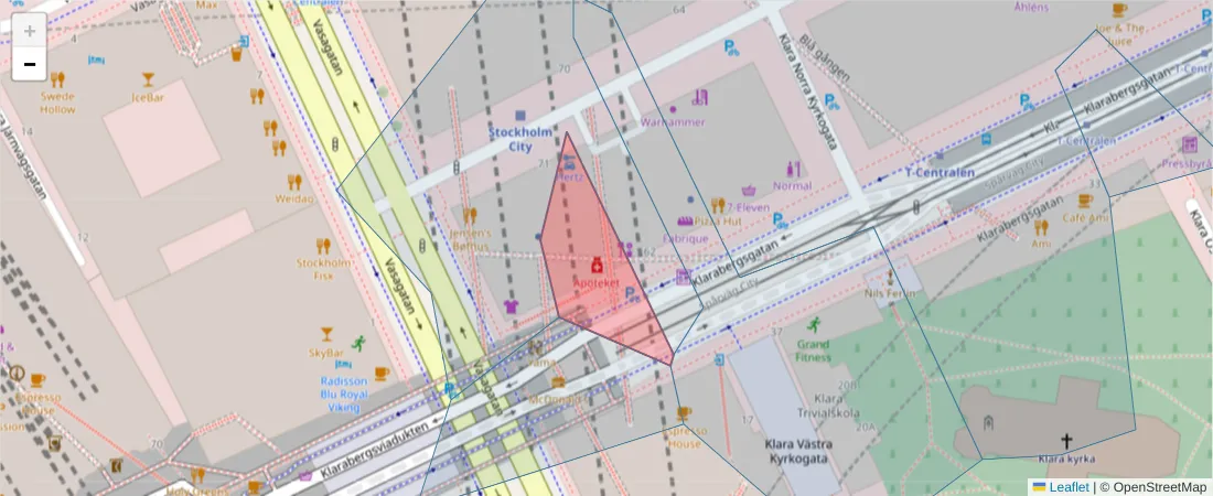 Karta över postnummerområdet  och angränsande postnummer i Sverige