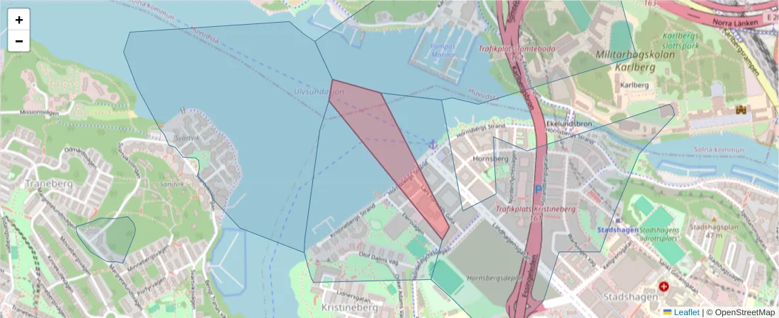 Karta över postnummerområdet  och angränsande postnummer i Sverige