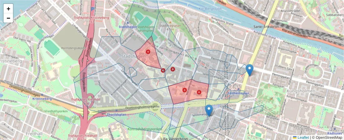 Karta över postnummerområdet  och angränsande postnummer i Sverige