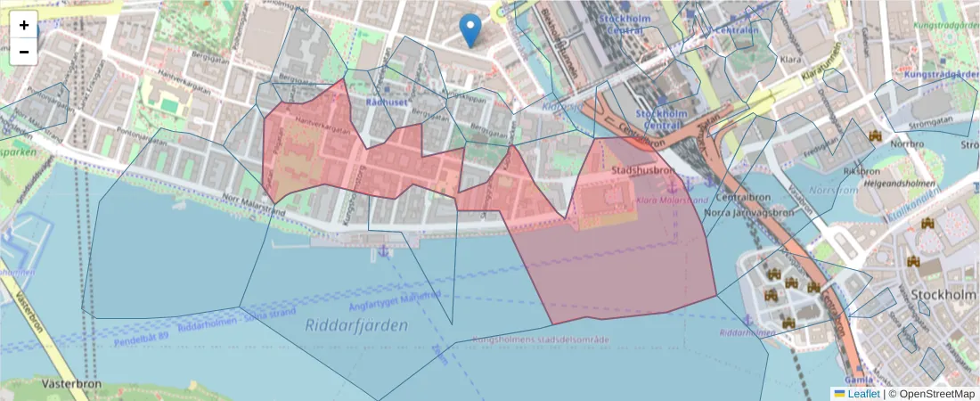 Karta över postnummerområdet  och angränsande postnummer i Sverige