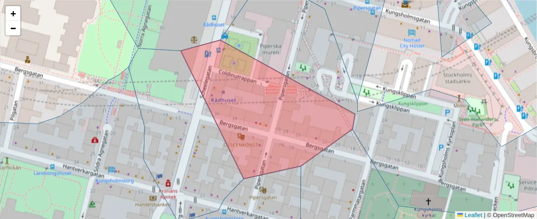 Karta över postnummerområdet  och angränsande postnummer i Sverige