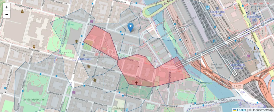 Karta över postnummerområdet  och angränsande postnummer i Sverige