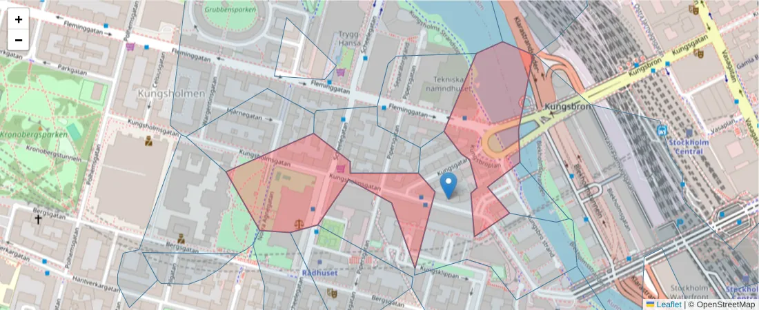 Karta över postnummerområdet  och angränsande postnummer i Sverige