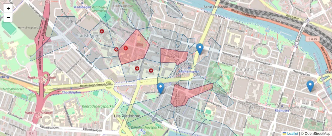 Karta över postnummerområdet  och angränsande postnummer i Sverige