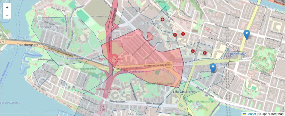 Karta över postnummerområdet  och angränsande postnummer i Sverige
