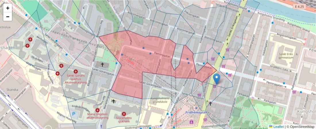 Karta över postnummerområdet  och angränsande postnummer i Sverige