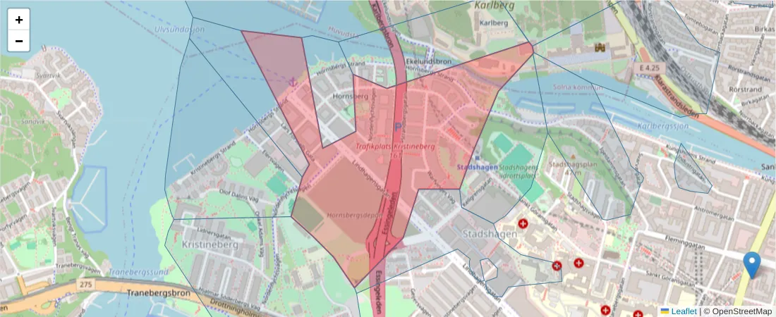 Karta över postnummerområdet  och angränsande postnummer i Sverige