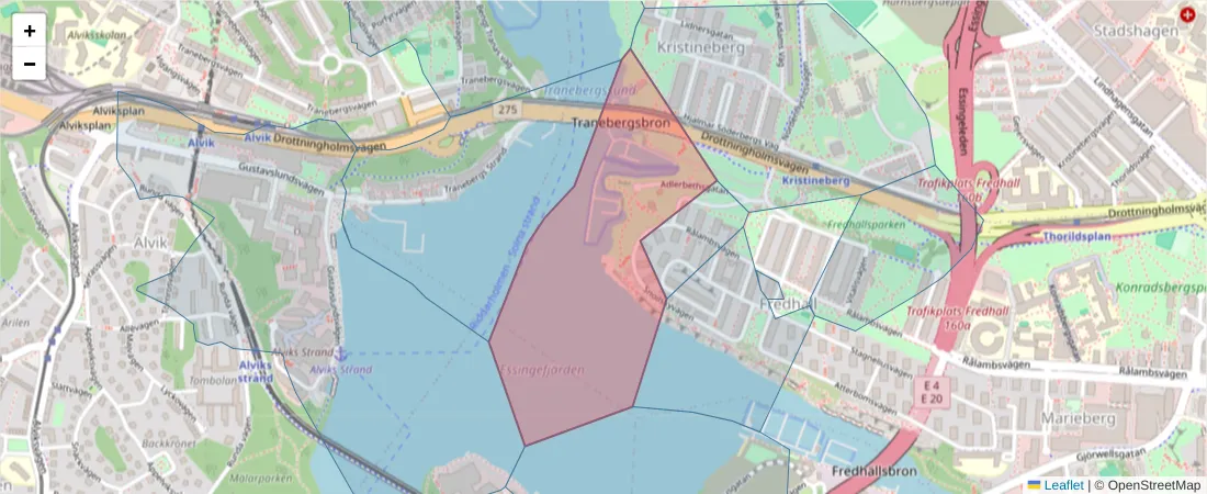 Karta över postnummerområdet  och angränsande postnummer i Sverige
