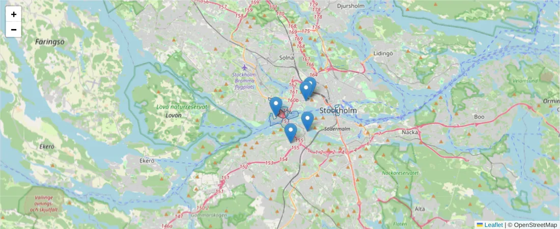 Karta över postnummerområdet  och angränsande postnummer i Sverige
