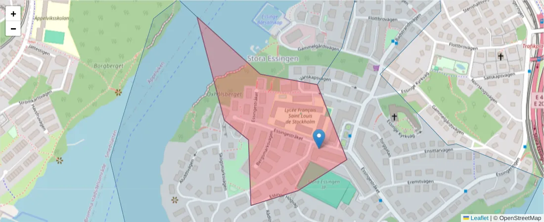 Karta över postnummerområdet  och angränsande postnummer i Sverige