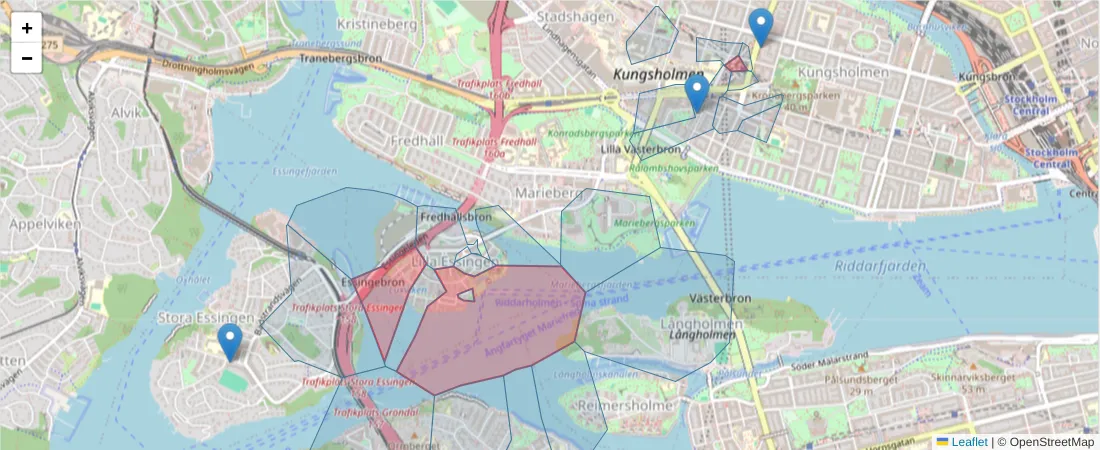 Karta över postnummerområdet  och angränsande postnummer i Sverige