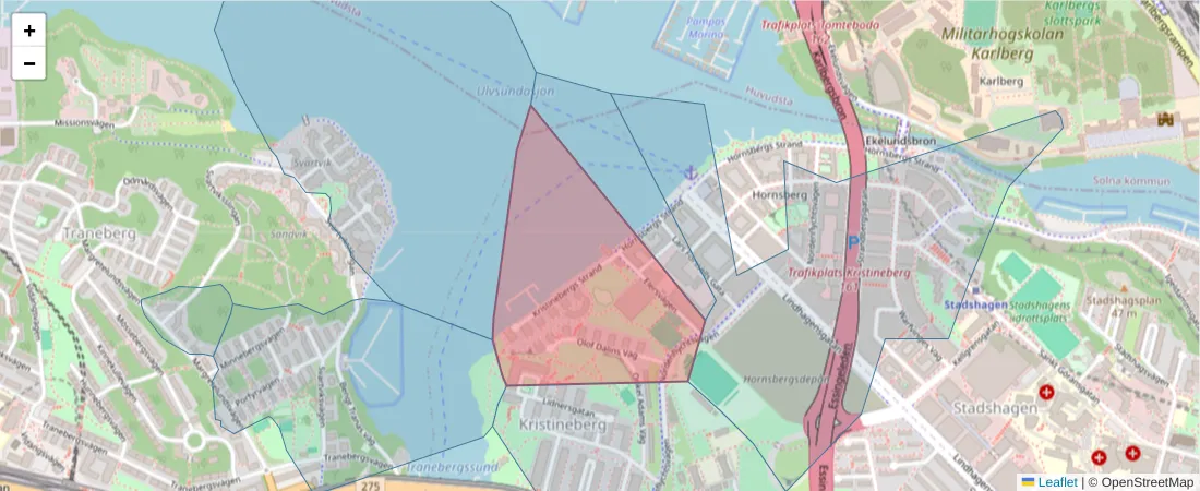 Karta över postnummerområdet  och angränsande postnummer i Sverige