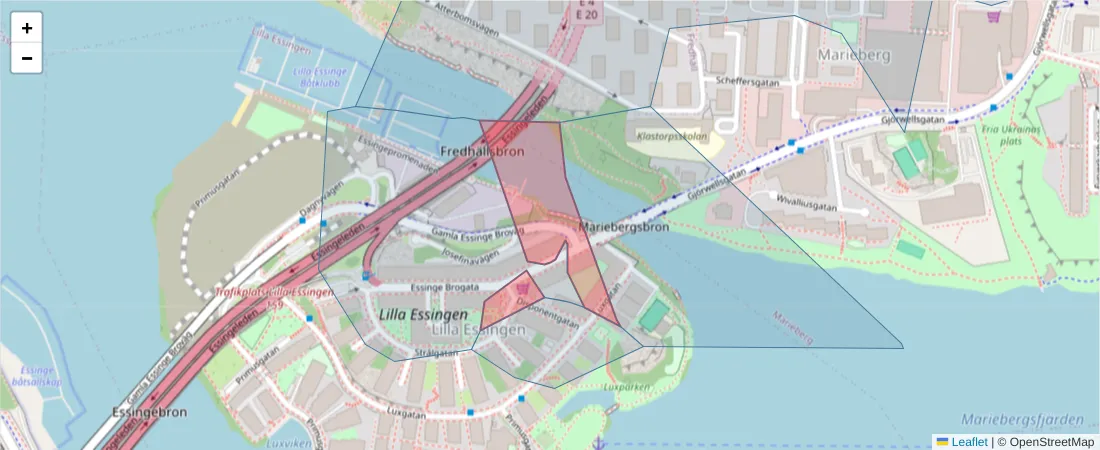 Karta över postnummerområdet  och angränsande postnummer i Sverige