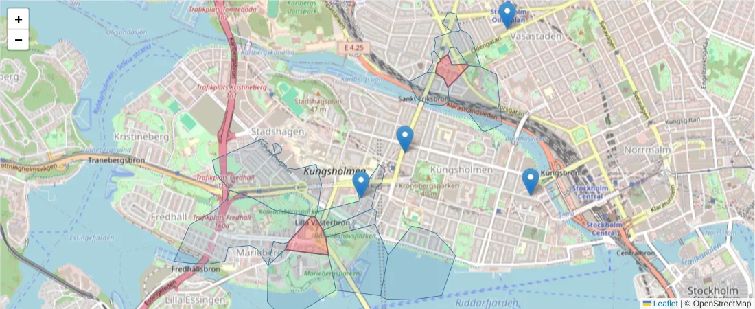 Karta över postnummerområdet  och angränsande postnummer i Sverige