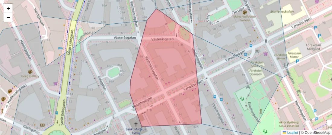 Karta över postnummerområdet  och angränsande postnummer i Sverige