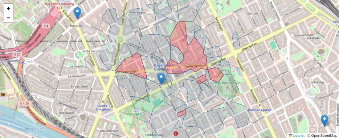 Karta över postnummerområdet  och angränsande postnummer i Sverige