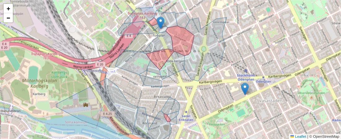 Karta över postnummerområdet  och angränsande postnummer i Sverige