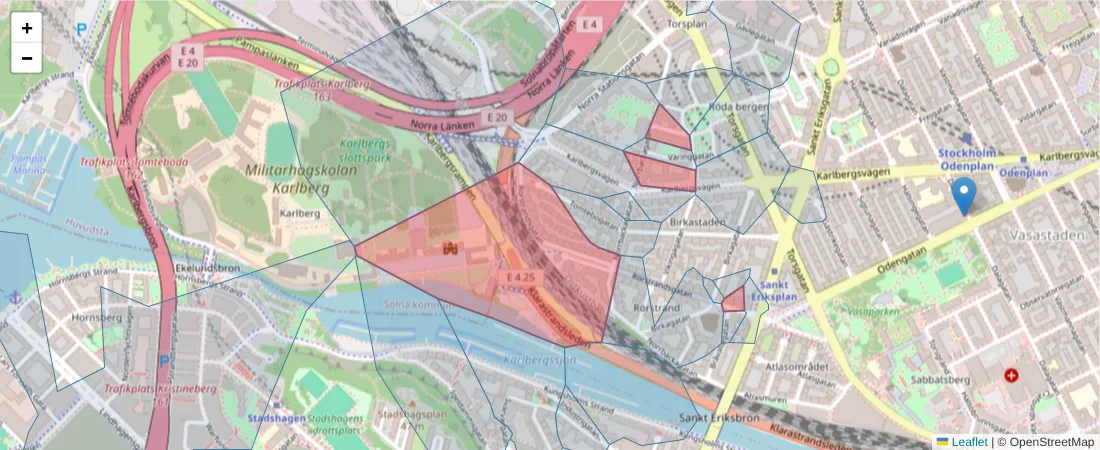 Karta över postnummerområdet  och angränsande postnummer i Sverige