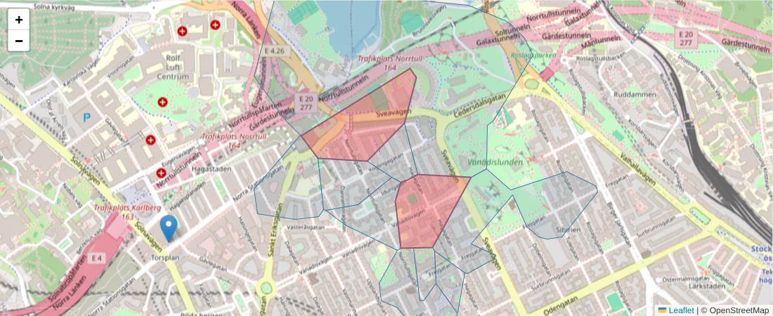 Karta över postnummerområdet  och angränsande postnummer i Sverige