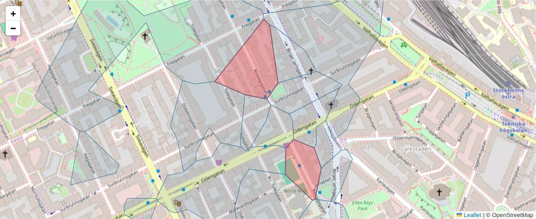 Karta över postnummerområdet  och angränsande postnummer i Sverige