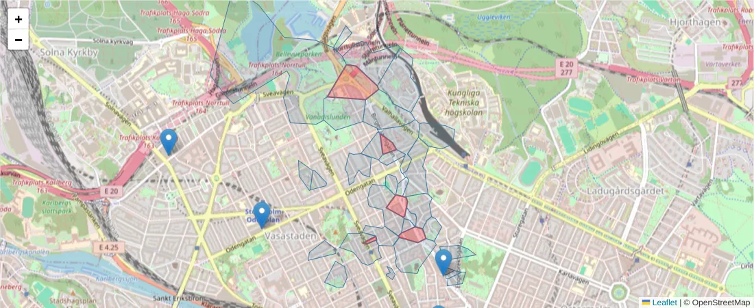 Karta över postnummerområdet  och angränsande postnummer i Sverige