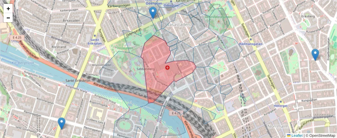 Karta över postnummerområdet  och angränsande postnummer i Sverige