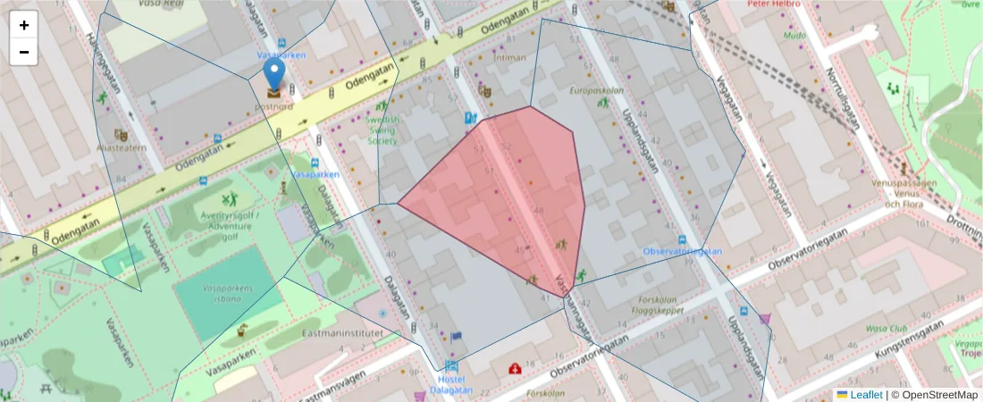 Karta över postnummerområdet  och angränsande postnummer i Sverige