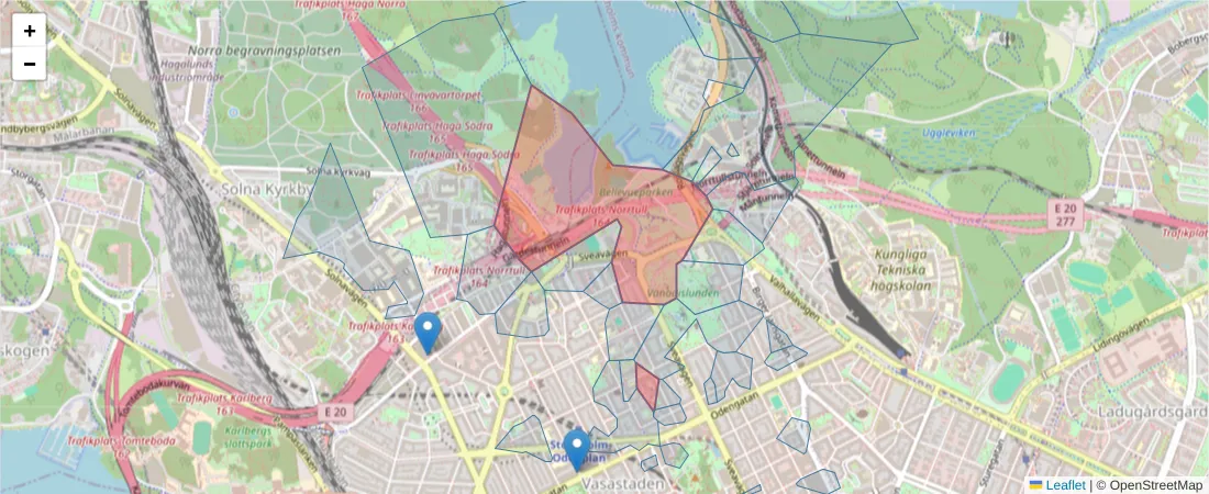 Karta över postnummerområdet  och angränsande postnummer i Sverige