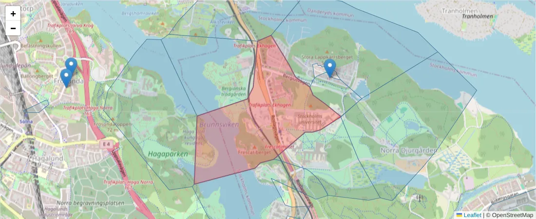 Karta över postnummerområdet  och angränsande postnummer i Sverige