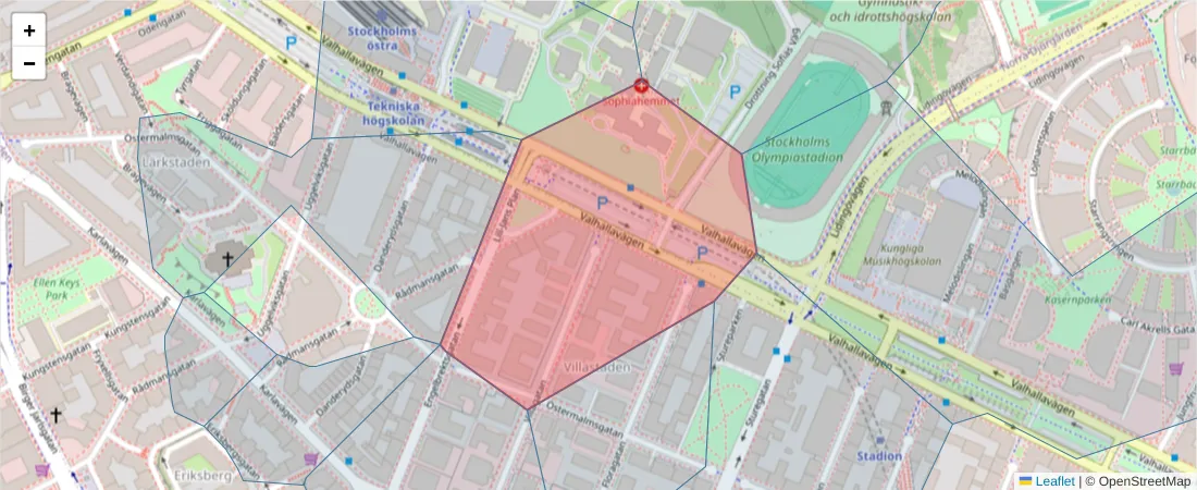 Karta över postnummerområdet  och angränsande postnummer i Sverige