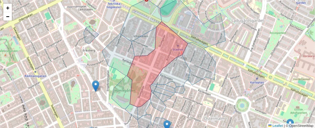 Karta över postnummerområdet  och angränsande postnummer i Sverige