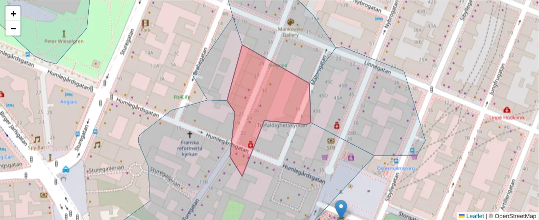 Karta över postnummerområdet  och angränsande postnummer i Sverige