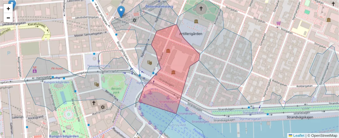 Karta över postnummerområdet  och angränsande postnummer i Sverige