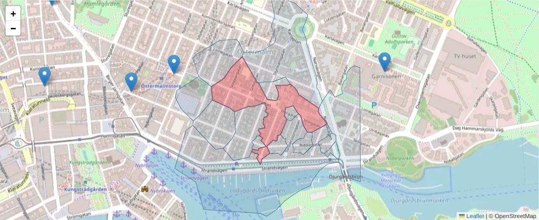 Karta över postnummerområdet  och angränsande postnummer i Sverige