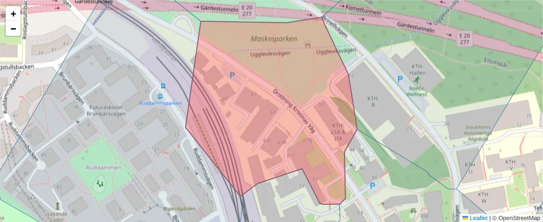 Karta över postnummerområdet  och angränsande postnummer i Sverige