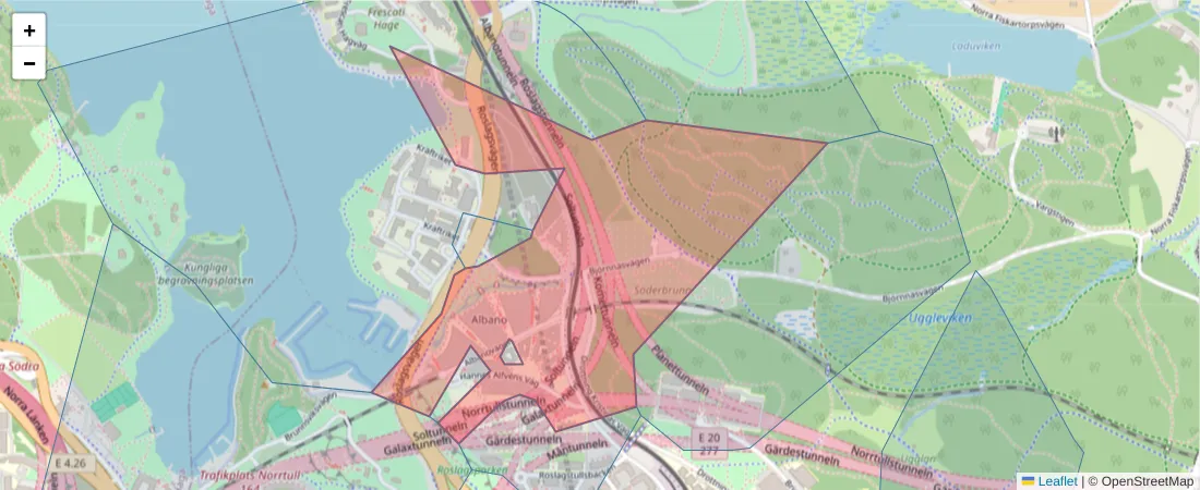 Karta över postnummerområdet  och angränsande postnummer i Sverige