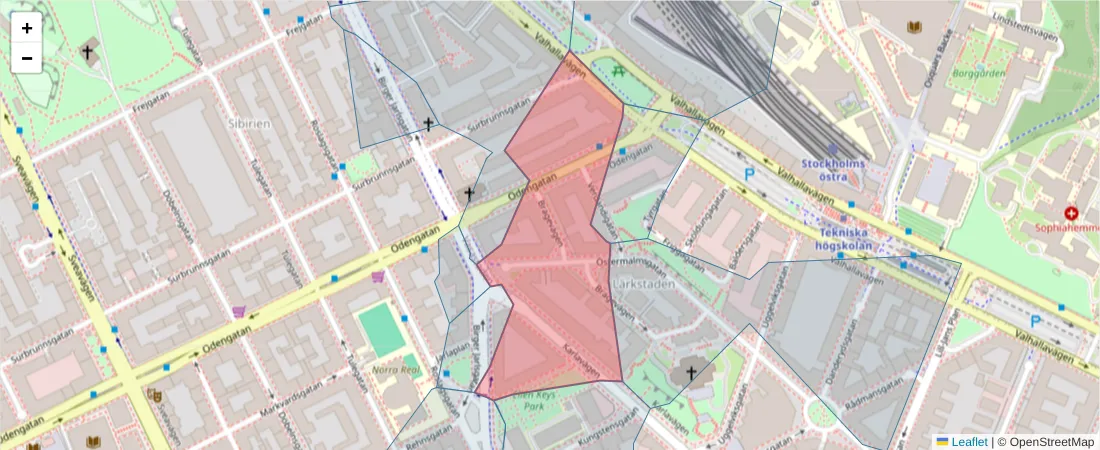 Karta över postnummerområdet  och angränsande postnummer i Sverige